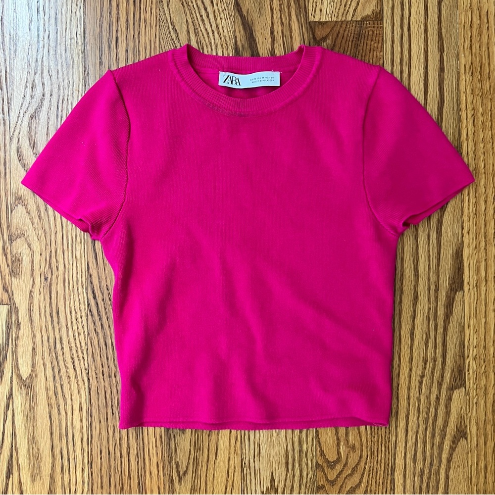 Hot Pink Cropped Short Sleeve Sweater